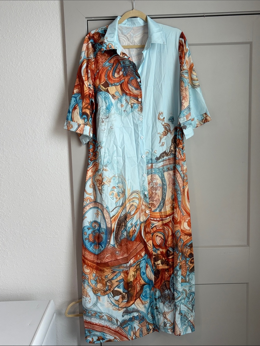 Source Unknown Light Blue, Rust & Teal Paisley Button-Front Maxi Dress - Picture 1 of 5